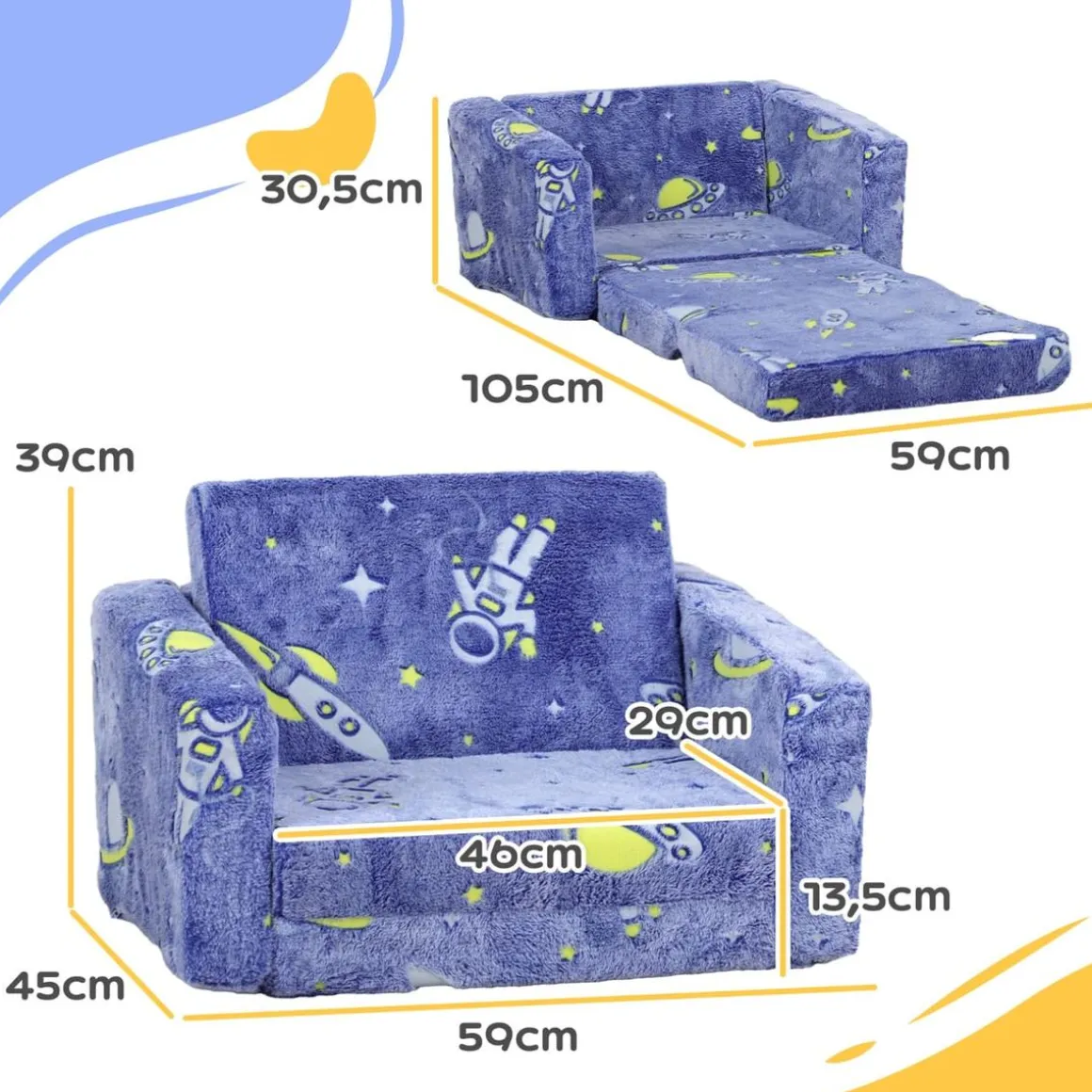Homcom - Sillón infantil Azul brilla en la oscuridad