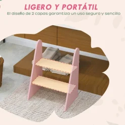 Homcom - Taburete Escalera infantil madera Rosa