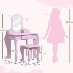 Homcom - Tocador infantil con espejo y taburete madera Rosa