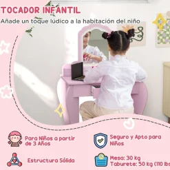 Homcom - Tocador infantil con espejo y taburete madera Rosa