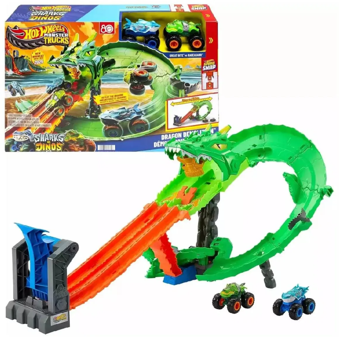Hot Wheels Monster Trucks - Conjunto Destrucción del Dragón - Serie Sharks Vs Dinos