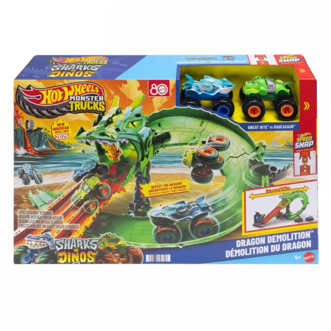 Hot Wheels Monster Trucks - Conjunto Destrucción del Dragón - Serie Sharks Vs Dinos