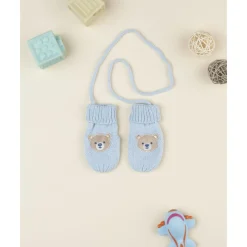 Manoplas de bebé azules con bordado de osito