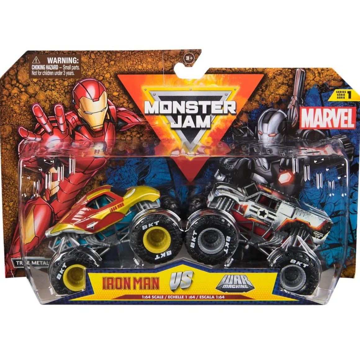 Monster Jam - Pack 2 vehículos Marvel - Iron Man vs War Machine