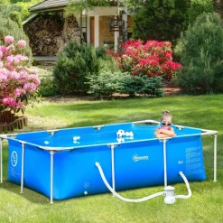 Outsunny - Piscina desmontable tubular de acero azul 2.100 l con depuradora