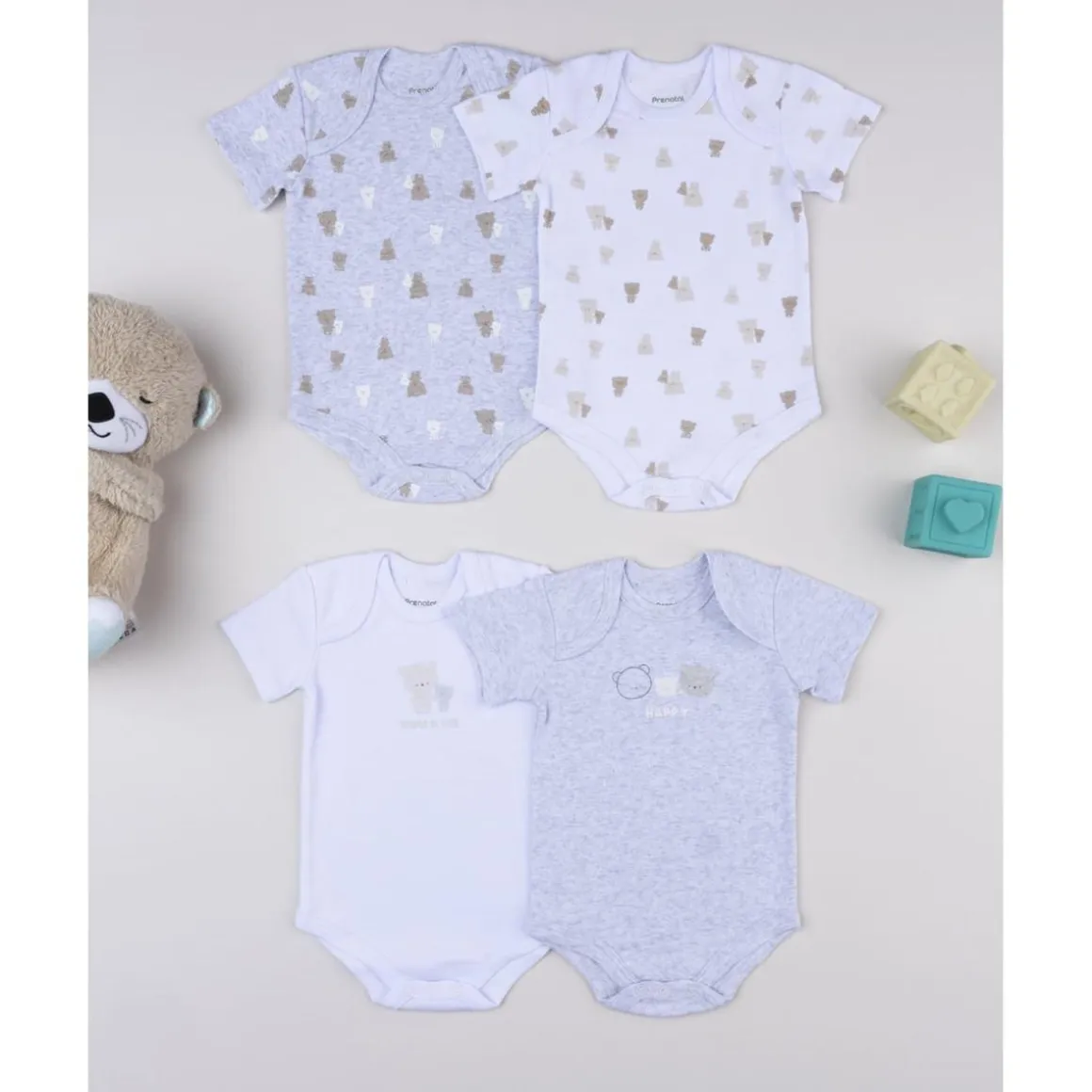Pack 5 bodies de manga corta en gris y blanco para bebé