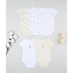 Pack 5 bodies de recién nacido osito blanco/beige