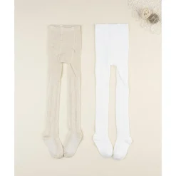 Pack 2 leotardos de niña beige y blanco