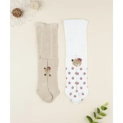 Pack 2 leotardos de niña blanco y beige con ositos