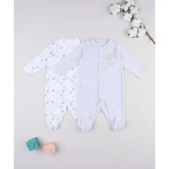 Pack 2 pijamas de bebé en terciopelo blanco y gris con ositos