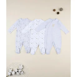 Pack 3 pijamas de bebé gris y blanco con estampado de ositos