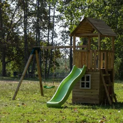 Parque juegos infantil de madera Tibidabo con caseta y columpio doble