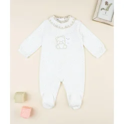 Pelele bebé de terciopelo blanco con bordado dorado