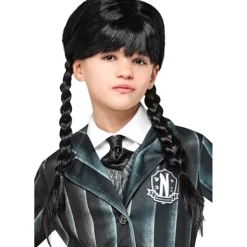 Peluca de Miércoles con trenzas y flequillo para disfraz de carnaval, Halloween y cosplay ㅤ