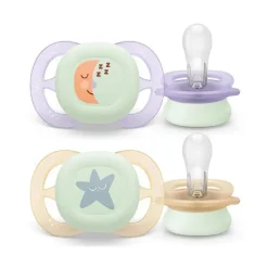 Philips Avent - 2 chupetes nocturnos Ultra Start niña lila y amarillo (0-2m)