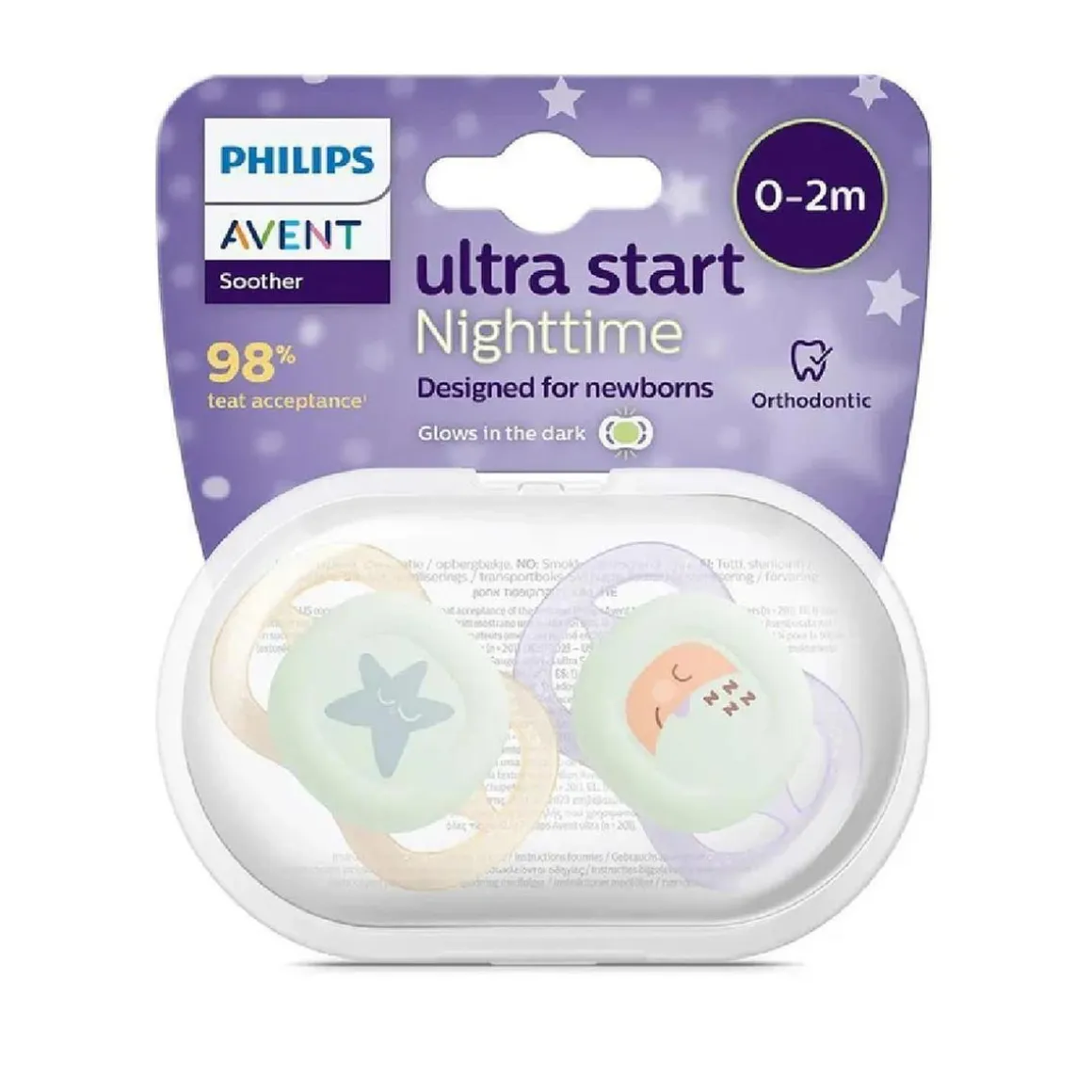 Philips Avent - 2 chupetes nocturnos Ultra Start niña lila y amarillo (0-2m)