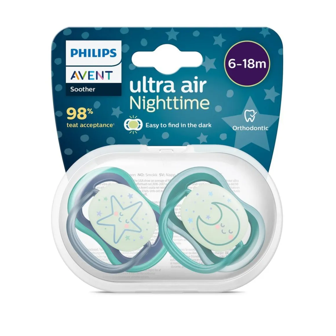 Philips Avent - Chupetes ultra air night time 6-18 meses decoración estrella/luna