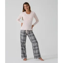 Pijama premamá rosa y gris tartán