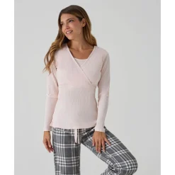 Pijama premamá rosa y gris tartán