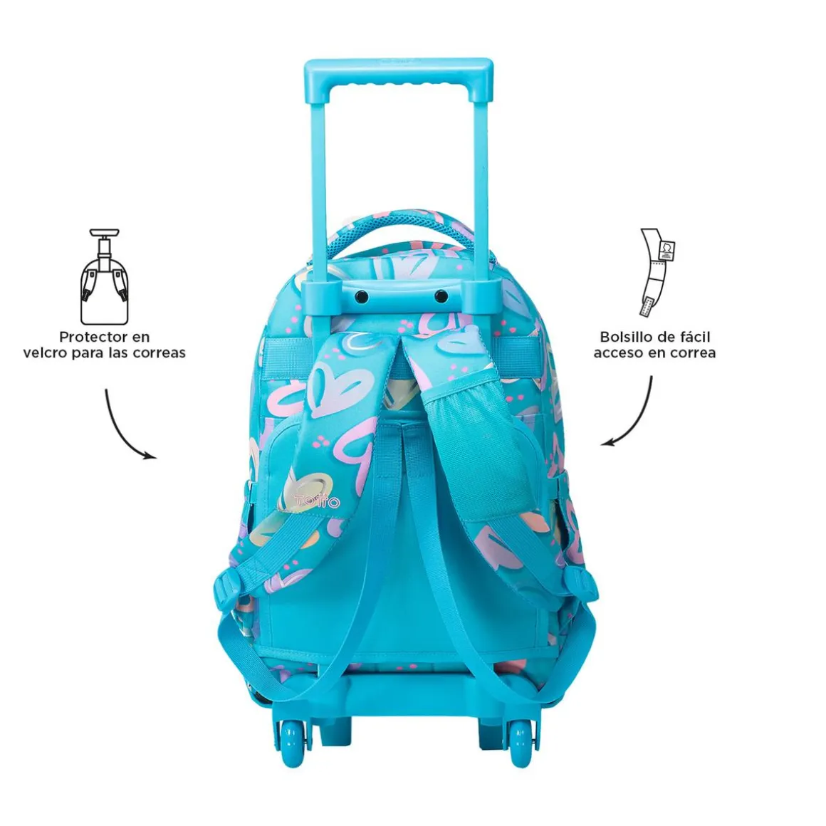 Totto - Mochila escolar pequeña ruedas corazones pintados Resma