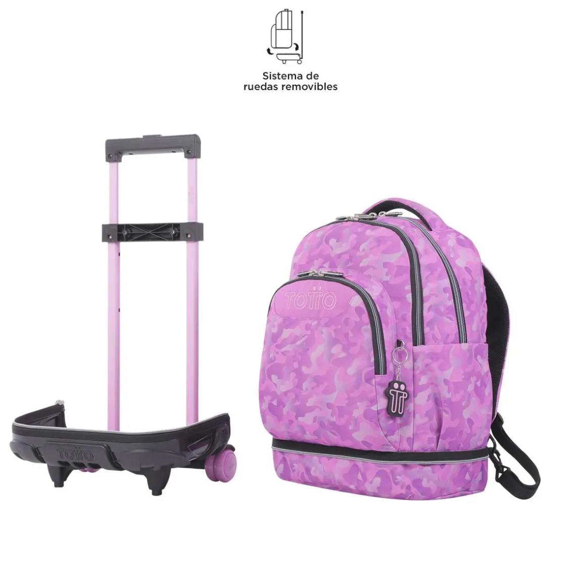 Totto - Mochila escolar ruedas desmontable camuflaje rosa Tiza
