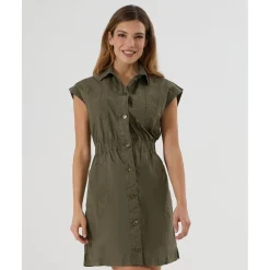 Vestido premamá y de lactancia estilo camisero en verde militar